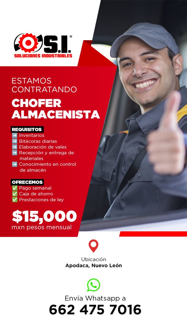 Banner del anuncio de la vacante: SOL · IONES · IDUSTRIALES · ESTAMOS · CONTRATANDO · CHOFER · ALMACENISTA · REQUISITOS · Inventarios · Bitácoras diarias · Elaboración de val