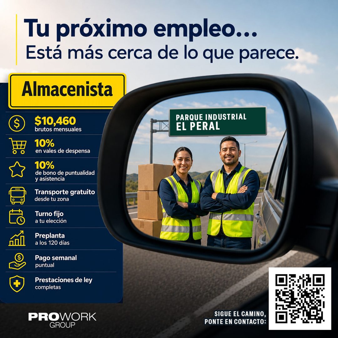 Banner del anuncio de la vacante: Tu próximo empleo... · Está más cerca de lo que parece. · Almacenista · $10,460 · brutos mensuales · 10% · en vales de despensa · 10% · de b