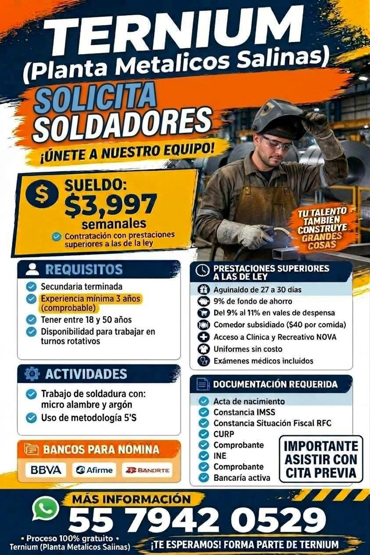 Banner del anuncio de la vacante: TERNIUM · (Planta Metalicos Salinas) · SOLICITA · SOLDADORES · ¡ÚNETE A NUESTRO EQUIPO! · SUELDO: · $3,997 · semanales · Contratación con pr