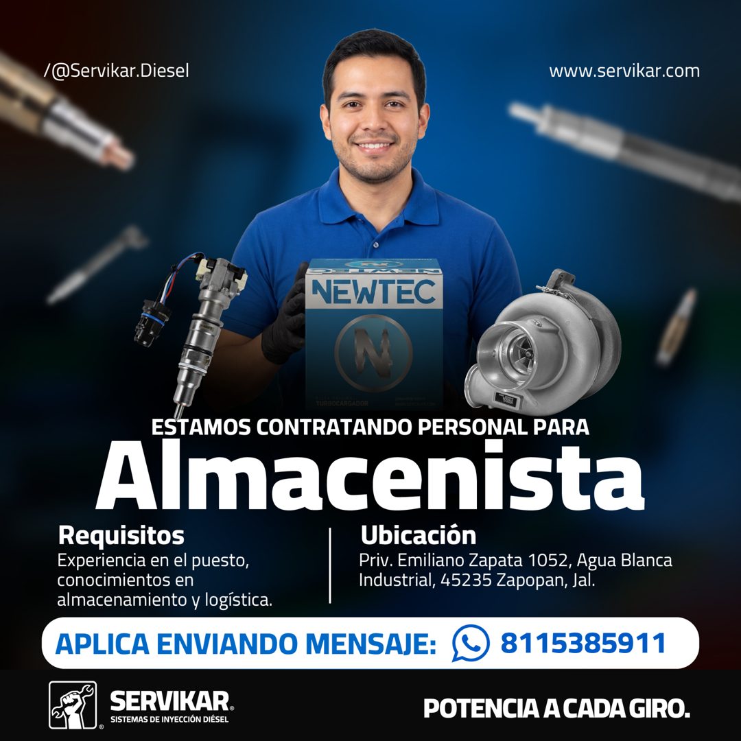Banner del anuncio de la vacante: /@Servikar.Diesel · www.servikar.com · NEWTEC · TURBOCARGADOR · ESTAMOS CONTRATANDO PERSONAL PARA · Almacenista · Requisitos · Ubicación · E