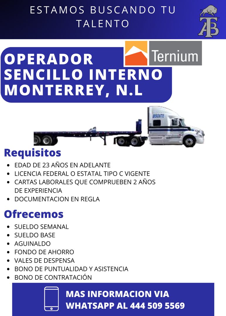 Banner del anuncio de la vacante: ESTAMOS BUSCANDO TU · TALENTO · OPERADOR · SENCILLO INTERNO · MONTERREY, N.L · Ternium · BISONTE · Requisitos · • EDAD DE 23 AÑOS EN ADELANT