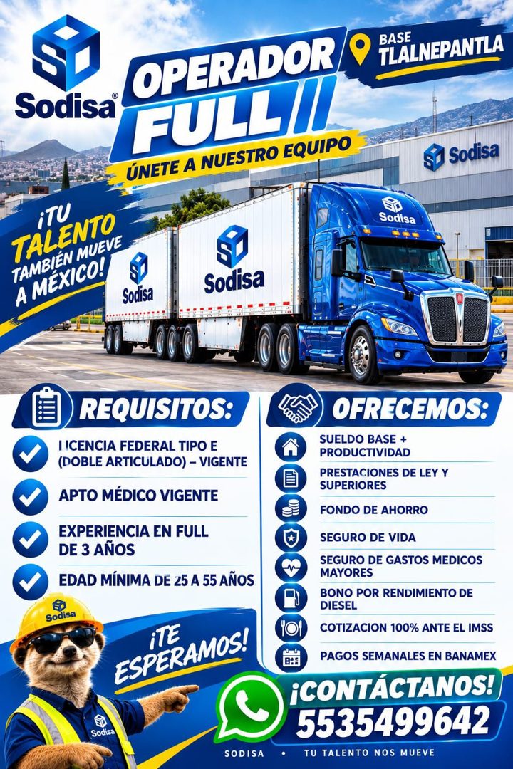 Banner del anuncio de la vacante: Sodisa® · OPERADOR/ · FULLII · ÚNETE A NUESTRO EQUIPO · BASE · TLALNEPANTLA · Sodisa · iTU · TALENTO · TAMBIÉN MUEVE · A MÉXICO! · Sodisa · 