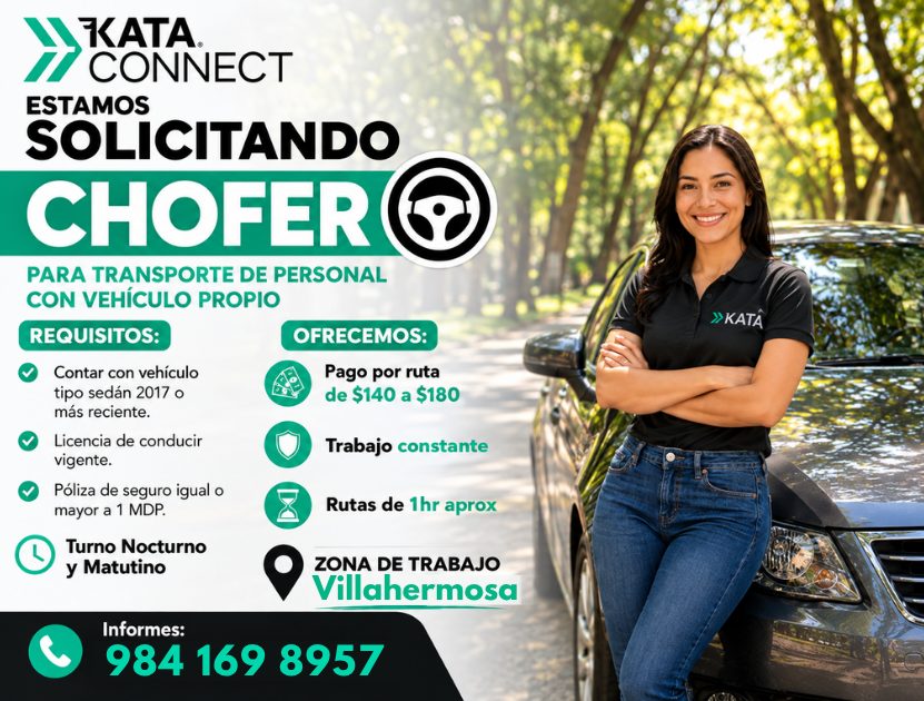 Banner del anuncio de la vacante: KATA · CONNECT · ESTAMOS · SOLICITANDO · CHOFER · PARA TRANSPORTE DE PERSONAL · CON VEHÍCULO PROPIO · REQUISITOS: · Contar con vehículo · ti