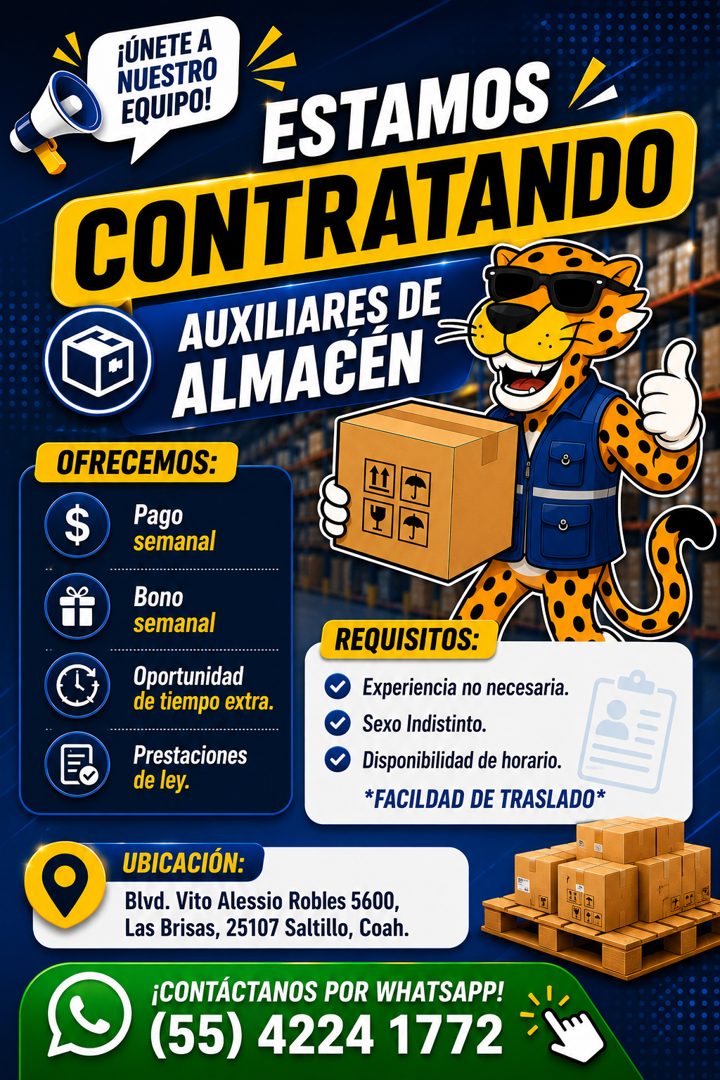 Banner del anuncio de la vacante: ¡ÚNETE A · NUESTRO · EQUIPO! · ESTAMOS / · CONTRATANDO · AUXILIARES DE · ALMACEN · OFRECEMOS: · Pago · semanal · Bono · semanal · Oportunida