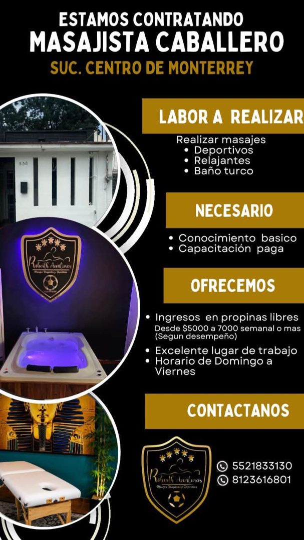 Banner del anuncio de la vacante: ESTAMOS CONTRATANDO · MASAJISTA CABALLERO · SUC. CENTRO DE MONTERREY · LABOR A REALIZAR · Realizar masajes · • Deportivos · Relajantes · • B