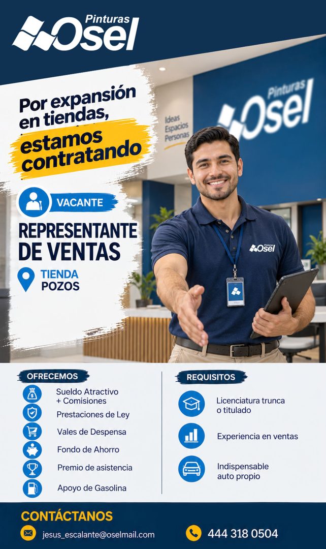 Banner del anuncio de la vacante: Pinturas · LOsel · Por expansión · en tiendas, · estamos · contratando · Ideas · Espacios · Personas · 0sel · VACANTE · REPRESENTANTE · DE V