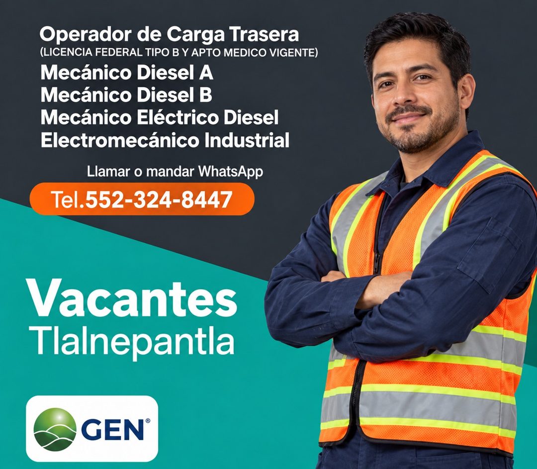 Banner del anuncio de la vacante: Operador de Carga Trasera · (LICENCIA FEDERAL TIPO B Y APTO MEDICO VIGENTE) · Mecánico Diesel A · Mecánico Diesel B · Mecánico Eléctrico Die