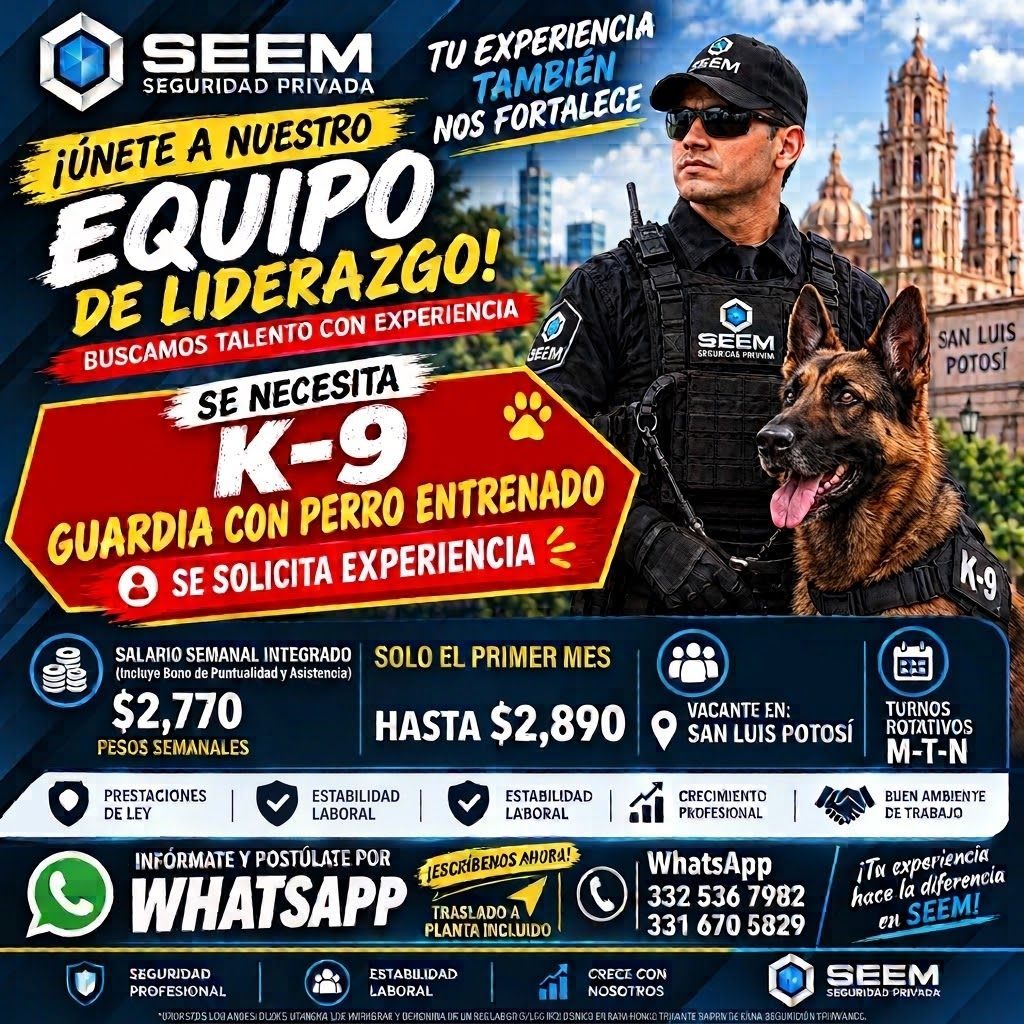 Banner del anuncio de la vacante: SEEM · SEGURIDAD PRIVADA · TU EXPERIENCIA · TAMBIEN · ¡ÚNETE A NUESTRO · NOS FORTALECE · EQUIPO · DE LIDERAZGO! · BUSCAMOS TALENTO CON EXPER