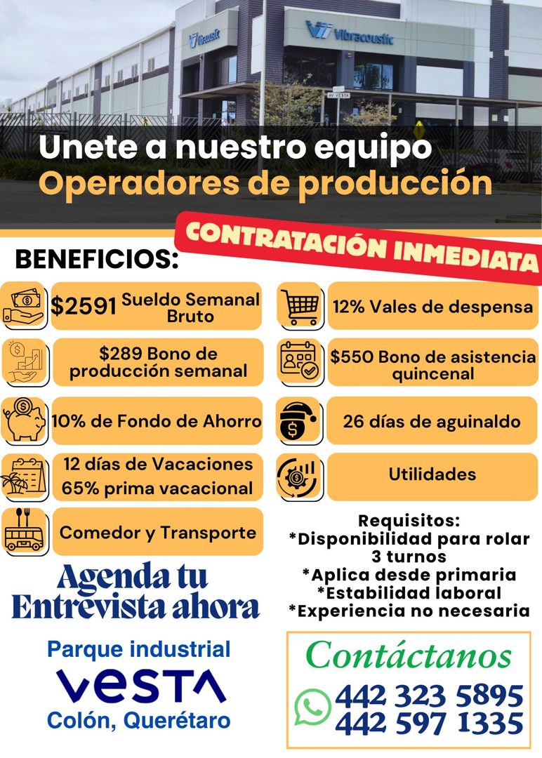 Banner del anuncio de la vacante: NZ Vibracoustic · Unete a nuestro equipo · Operadores de producción · CONTRATACIÓN INMEDIATA · BENEFICIOS: · $2591 Sueldo Semanal · Bruto · 