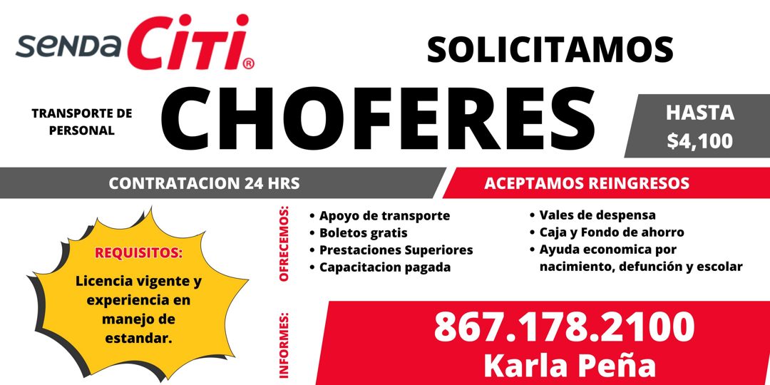Banner del anuncio de la vacante: seNDa CiTi. · SOLICITAMOS · TRANSPORTE DE · PERSONAL · CHOFERES · HASTA · $4,100 · CONTRATACION 24 HRS · ACEPTAMOS REINGRESOS · REQUISITOS: 