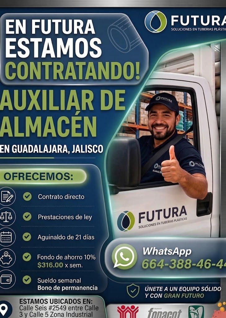 Banner del anuncio de la vacante: EN FUTURA · ESTAMOS · CONTRATANDO! · AUXILIAR DE · ALMACEN · EN GUADALAJARA, JALISCO · FUTUR · SOLUCIONES EN TUBERIAS PLASTI · FUTURA · On ·