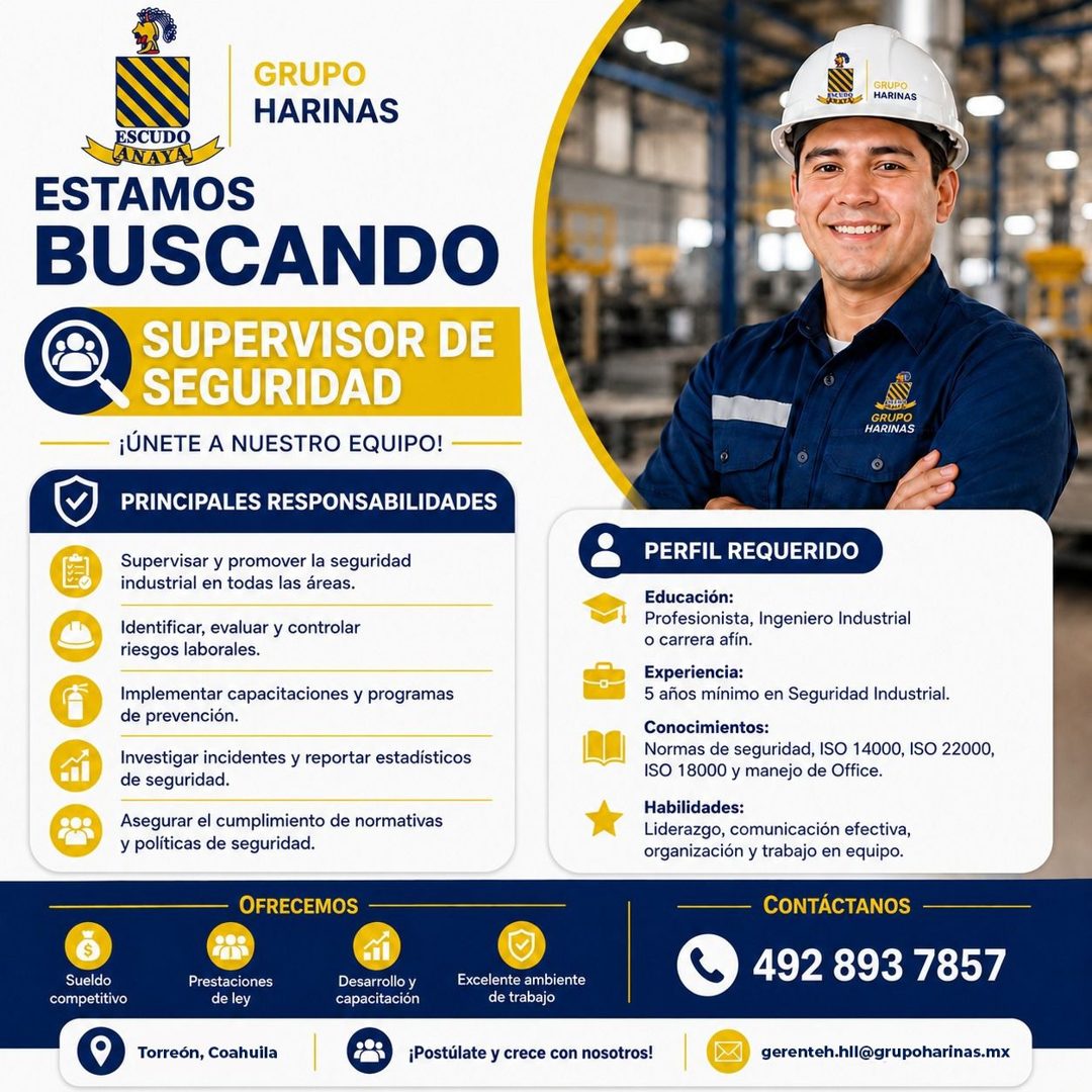 Banner del anuncio de la vacante: GRUPO · HARINAS · GRUPO · HARINAS · ESCUDO · ANAYA · ESTAMOS · BUSCANDO · SUPERVISOR DE · SEGURIDAD · ¡ÚNETE A NUESTRO EQUIPO! · PRINCIPALES