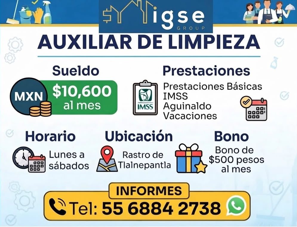 Banner del anuncio de la vacante: ligse · GROUP · AUXILIAR DE LIMPIEZA · MXN · Sueldo · $10,600 · al mes · IMSS · Prestaciones · Prestaciones Básicas · IMSS · Aguinaldo · Vac