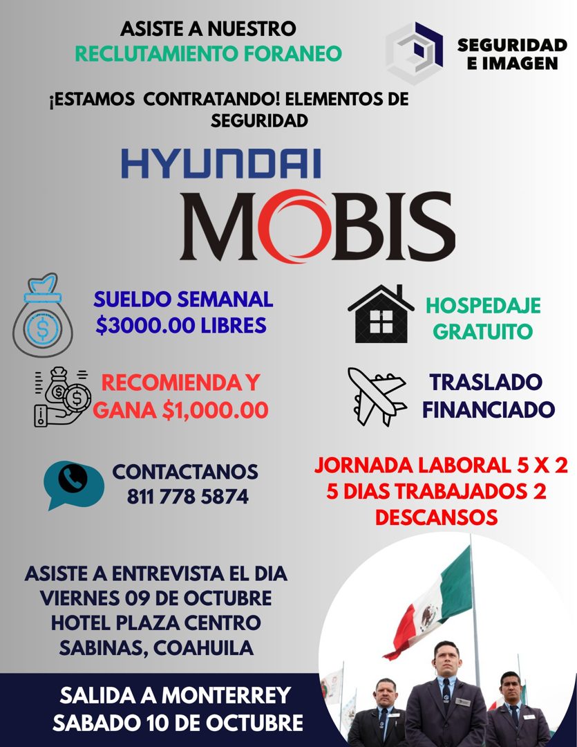 Banner del anuncio de la vacante: ASISTE A NUESTRO · RECLUTAMIENTO FORANEO · SEGURIDAD · E IMAGEN · ¡ESTAMOS CONTRATANDO! ELEMENTOS DE · SEGURIDAD · HYUNDAI · MOBIS · SUELDO 