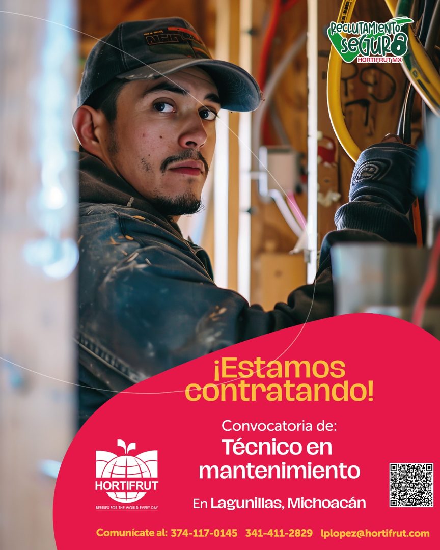Banner del anuncio de la vacante: ATHI · RECLUTAMIeNTO · HORTIFRUTMX · ¡Estamos · contratando! · Convocatoria de: · Técnico en · mantenimiento · HORTIFRUT · BERRIES FOR THE W