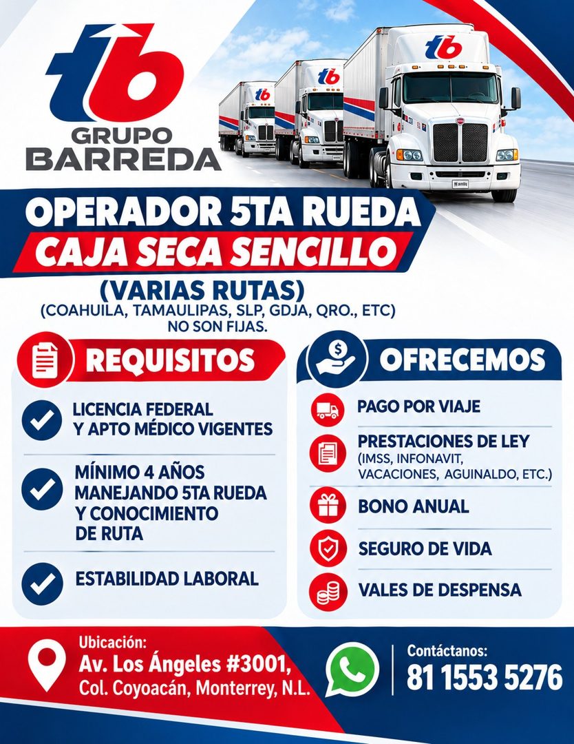 Banner del anuncio de la vacante: 10 · GRUPO · BARREDA · OPERADOR 5TA RUEDA · CAJA SECA SENCILLO · (VARIAS RUTAS) · (COAHUILA, TAMAULIPAS, SLP, GDJA, QRO., ETC) · NO SON FIJA