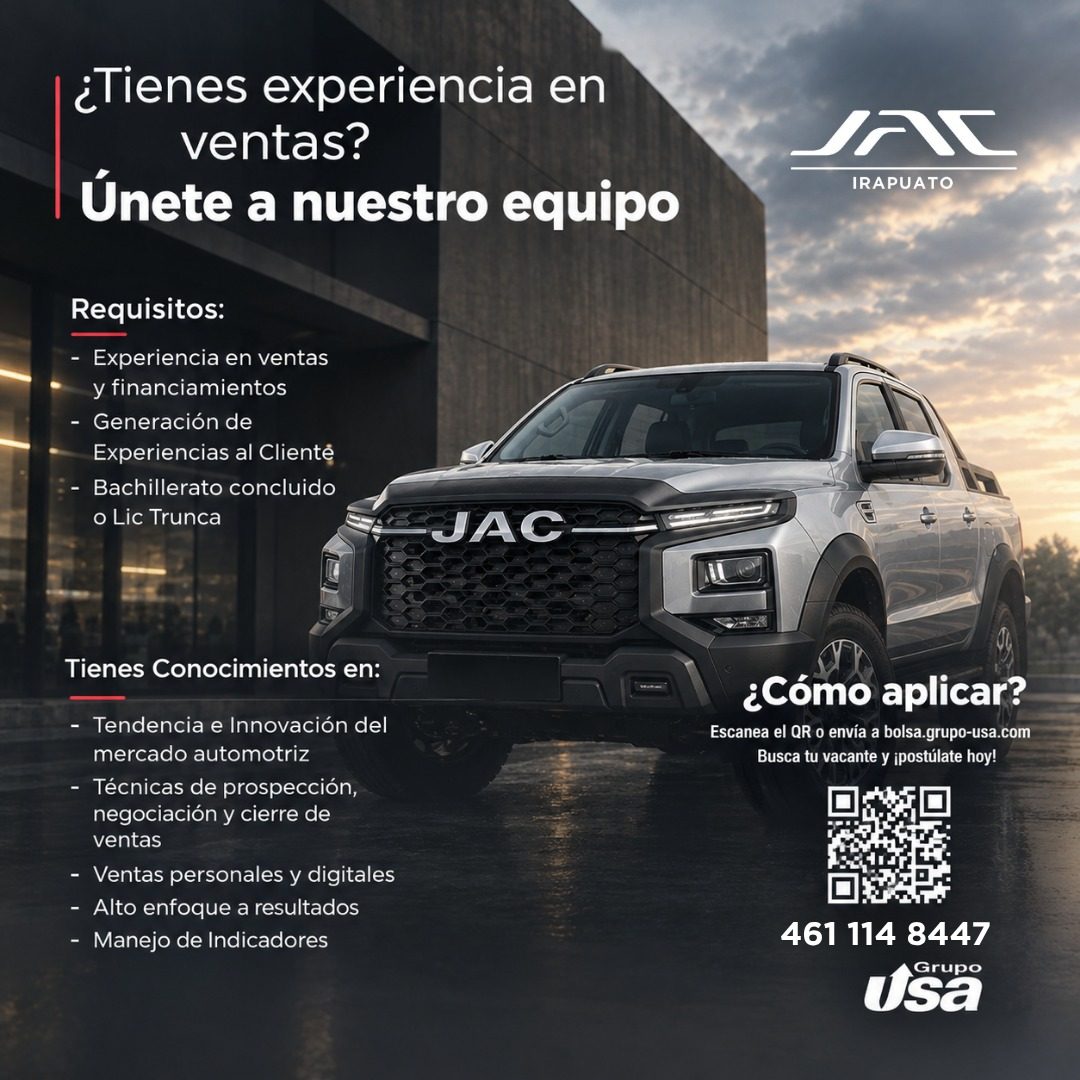 Banner del anuncio de la vacante: ¿Tienes experiencia en · ventas? · Únete a nuestro equipo · IRAPUATO · Requisitos: · - Experiencia en ventas · y financiamientos · - Generac