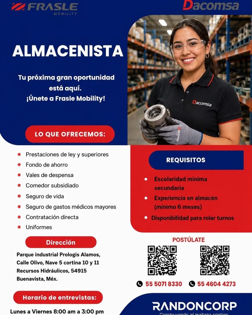 Banner del anuncio de la vacante: 2 FRASLE · MOBILITY · ALMACENISTA · Tu próxima gran oportunidad · está aquí. · ¡Únete a Frasle Mobility! · LO QUE OFRECEMOS: · • · Prestacio