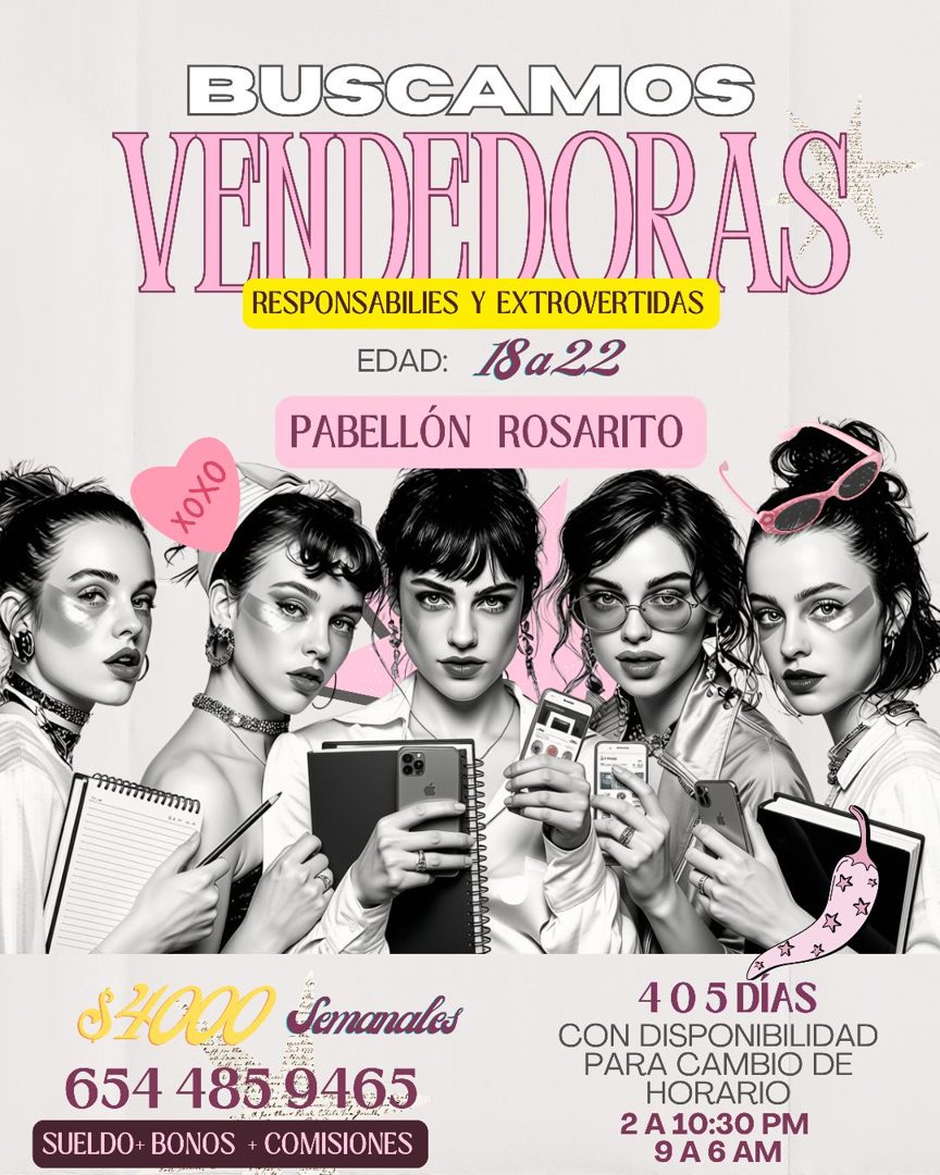 Banner del anuncio de la vacante: BUSGAMOS · VENDEDORAS · RESPONSABILIES Y EXTROVERTIDAS · EDAD: 18a22 · PABELLÓN ROSARITO · °X0x · SION Semanales · 654 485 9465 · SUELDO+ BO
