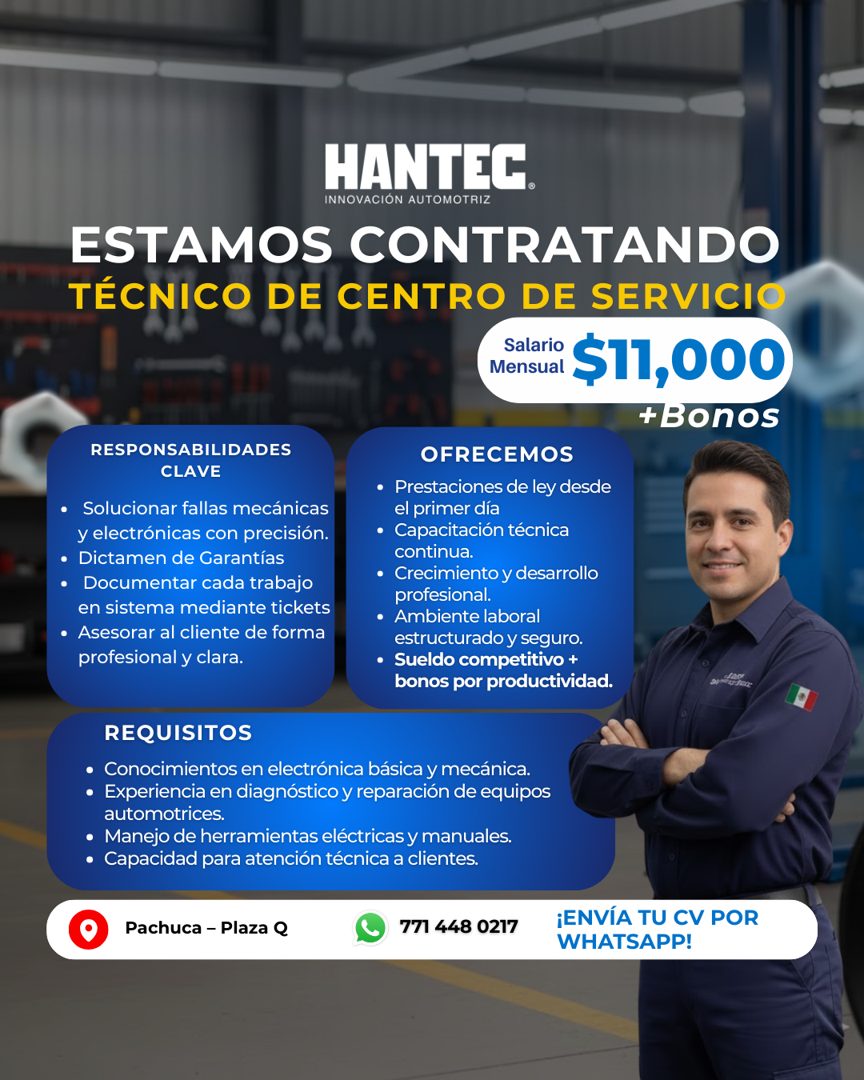 Banner del anuncio de la vacante: HANTEC. · INNOVACIÓN AUTOMOTRIZ · ESTAMOS CONTRATANDO · TÉCNICO DE CENTRO DE SERVICIO · alario · Mensual $11,000 · *Bonos · RESPONSABILIDADE