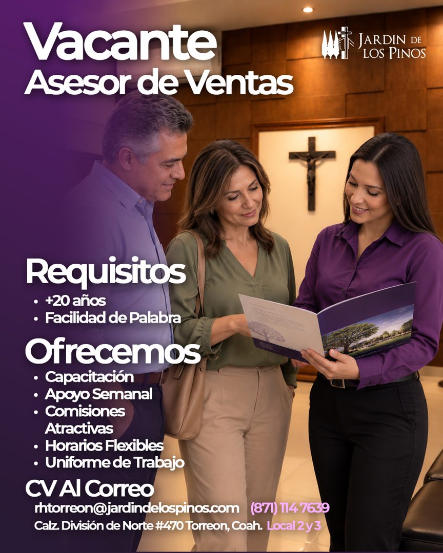 Banner del anuncio de la vacante: Vacante · Asesor de Ventas · HAT JARDINOS · LOS PINOS · Requisitos · • +20 años · • Facilidad de Palabra · Ofrecemos · • Capacitación · • Ap