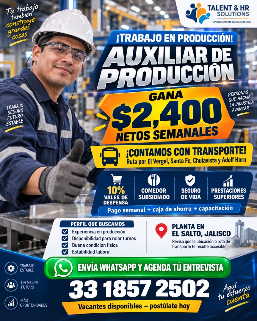 Banner del anuncio de la vacante: Tu trabajo · también · construye · grandes · cosas · TRABAJO · SEGURO · FUTURO · ESTABLE · TALENT & HR · SOLUTIONS · Conectando talento, con