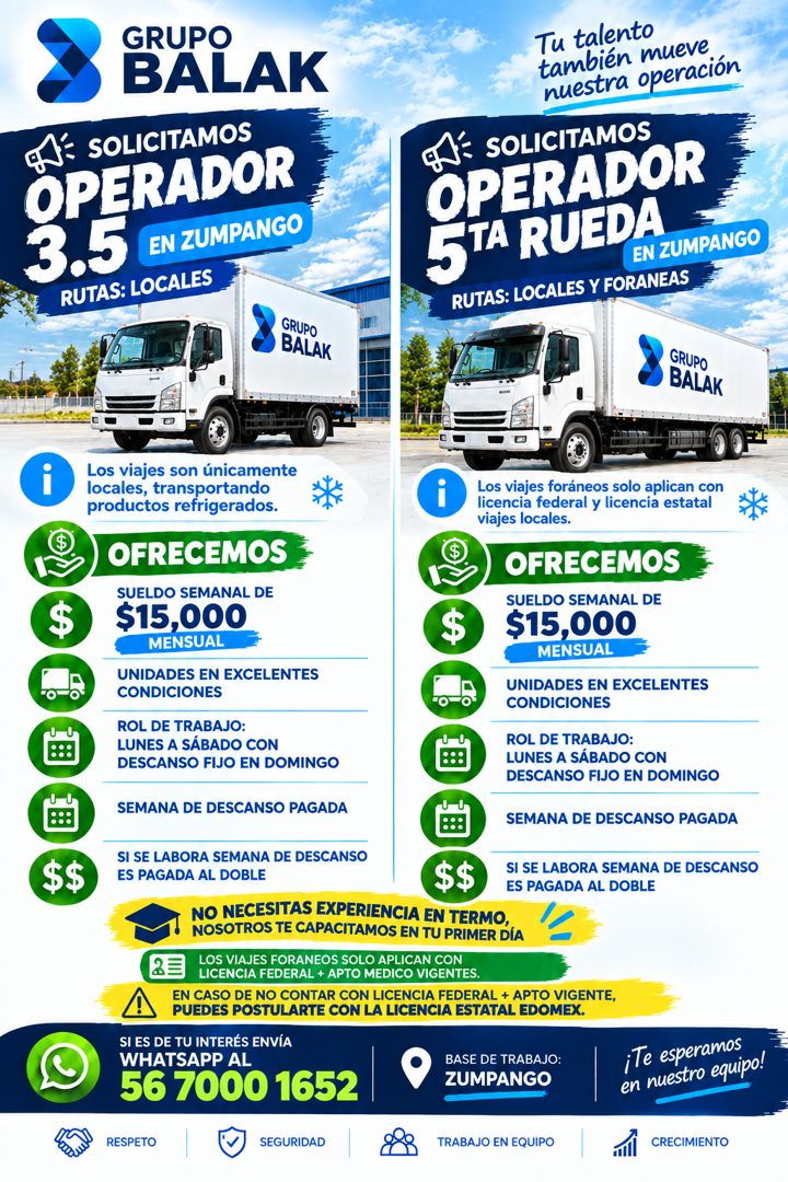 Banner del anuncio de la vacante: GRUPO · BALAK · SOLICITAMOS · OPERADOR · 3.5 · EN ZUMPANGO · RUTAS: LOCALES · Tu talento · también mueve · nuestra operación · SOLICITAMOS ·