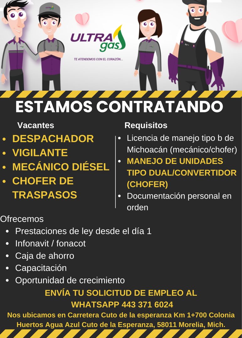 Banner del anuncio de la vacante: ULTRA · gas · TE ATENDEMOS CON EL CORAZÓN... · ESTAMOS CONTRATANDO · Vacantes · • DESPACHADOR · • VIGILANTE · • MECÁNICO DIÉSEL · • CHOFER D