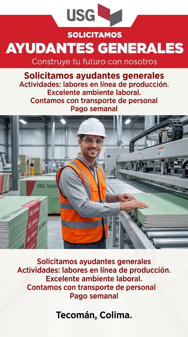 Banner del anuncio de la vacante: USG · SOLICITAMOS · AYUDANTES GENERALES · Construye tu futuro con nosotros · Solicitamos ayudantes generales · Actividades: labores en línea