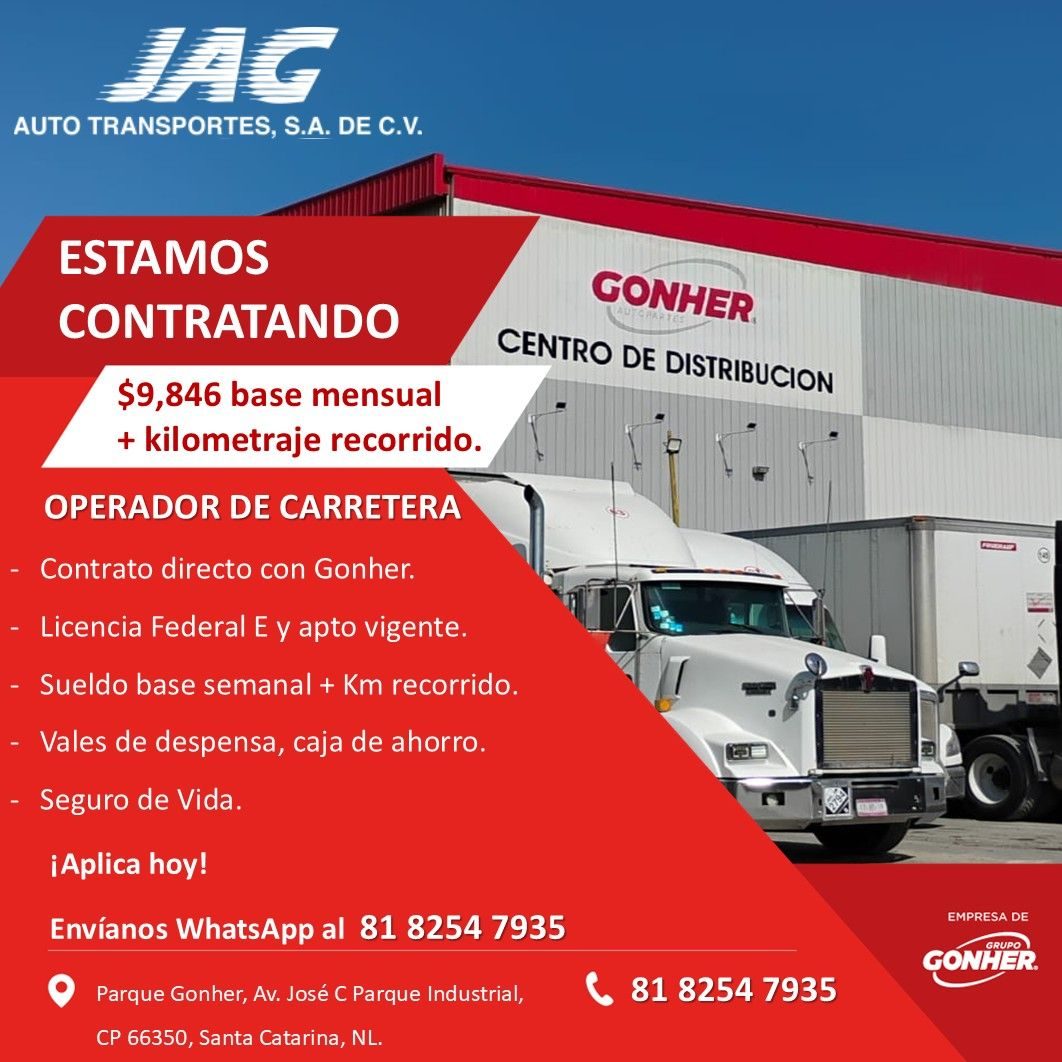 Banner del anuncio de la vacante: JAG · AUTO TRANSPORTES, S.A. DE C.V. · ESTAMOS · CONTRATANDO · $9,846 base mensual · + kilometraje recorrido. · OPERADOR DE CARRETERA · - Co