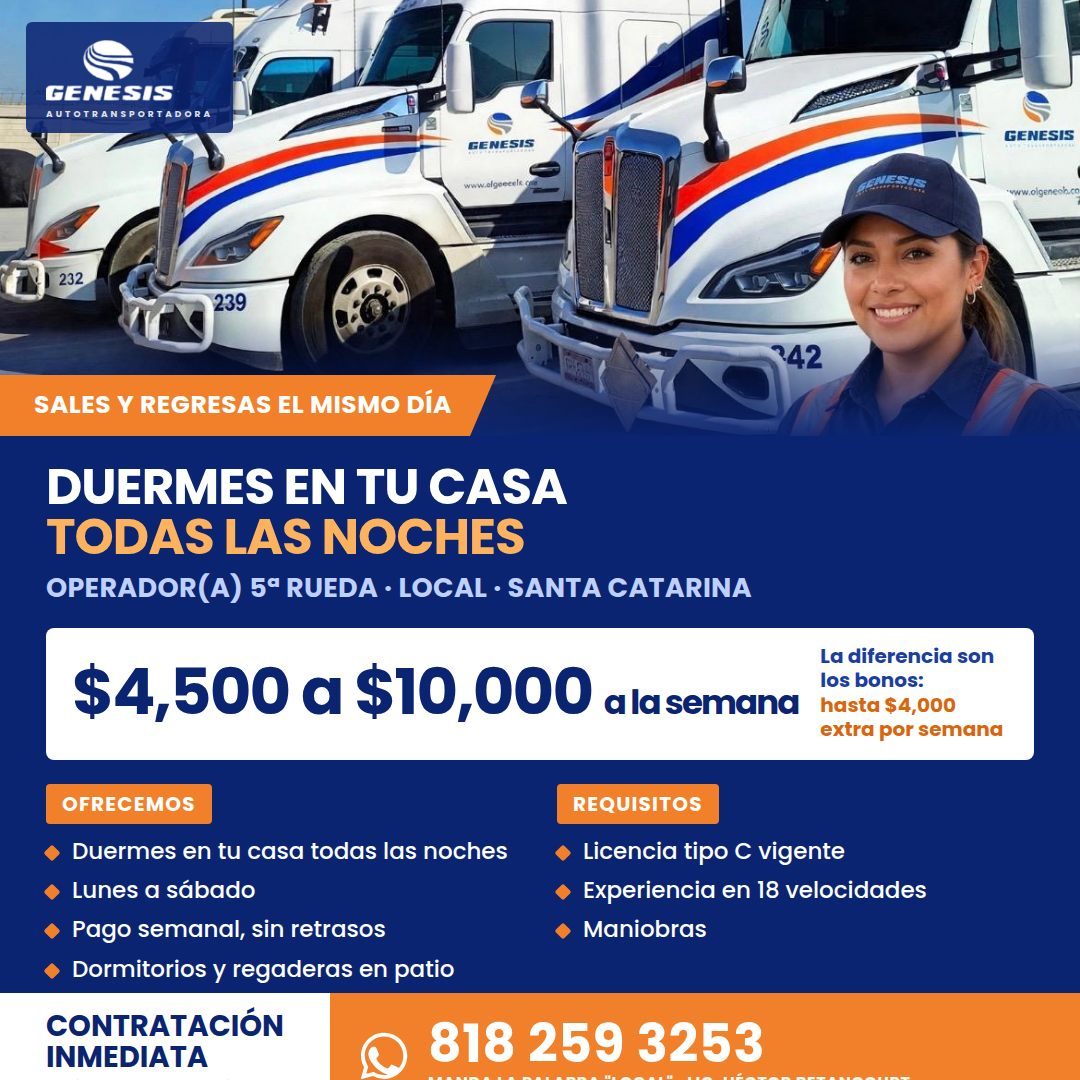 Banner del anuncio de la vacante: GENESIS · AUTOTRANSPORTADORA · GENESIS · GENESIS · www.olgeeeele · 232 · 239 · 342 · SALES Y REGRESAS EL MISMO DÍA · DUERMES EN TU CASA · TO