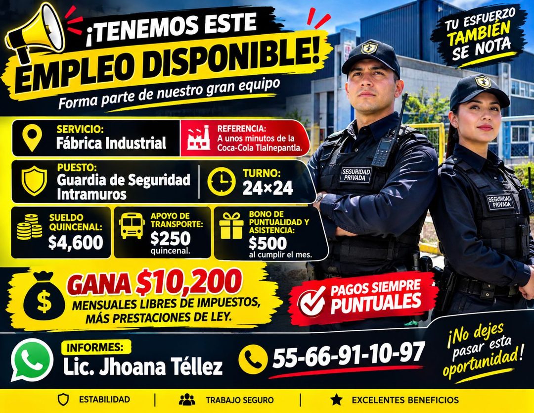 Banner del anuncio de la vacante: ¡TENEMOS ESTE · EMPLEO DISPONIBLE! · Forma parte de nuestro gran equipo · SERVICIO: · Fábrica Industrial · REFERENCIA: · A unos minutos de l