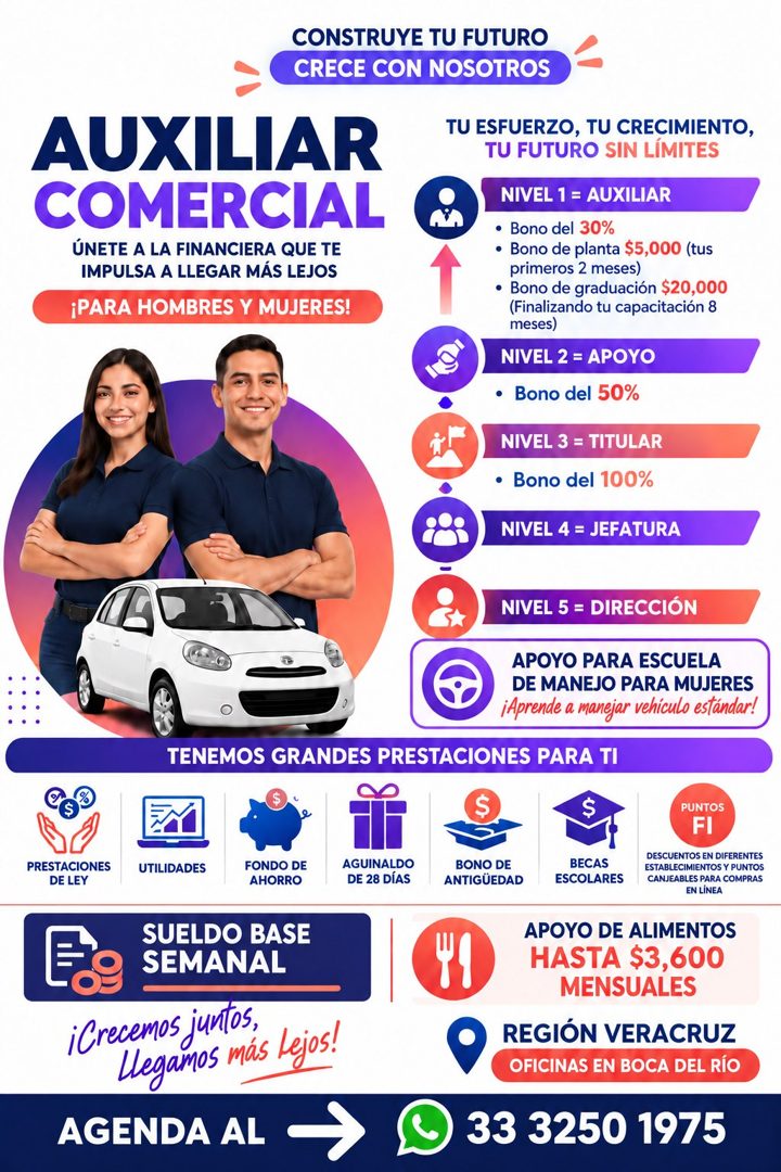 Banner del anuncio de la vacante: CONSTRUYE TU FUTURO · CRECE CON NOSOTROS · AUXILIAR · COMERCIAL · ÚNETE A LA FINANCIERA QUE TE · IMPULSA A LLEGAR MÁS LEJOS · ¡PARA HOMBRES 