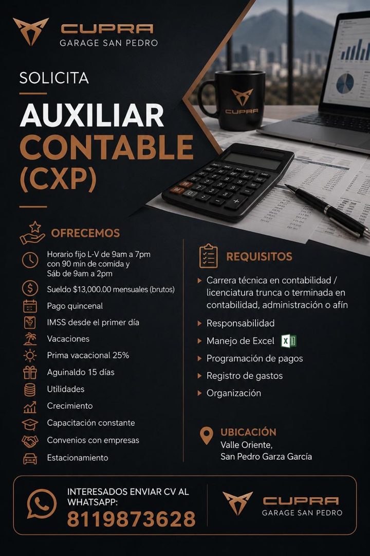 Banner del anuncio de la vacante: SUPRA · GARAGE SAN PEDRO · SOLICITA · AUXILIAR · CONTABLE · (CXP) · CUPAR · OFRECEMOS · Horario fijo L-V de 9am a /pm · con 90 min de comida