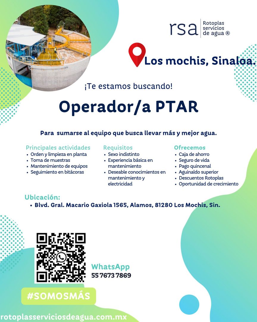 Banner del anuncio de la vacante: rsa · Rotoplas · servicios · de agua ® · Los mochis, Sinaloa: · ¡Te estamos buscando! · Operador/a PTAR · Para sumarse al equipo que busca l