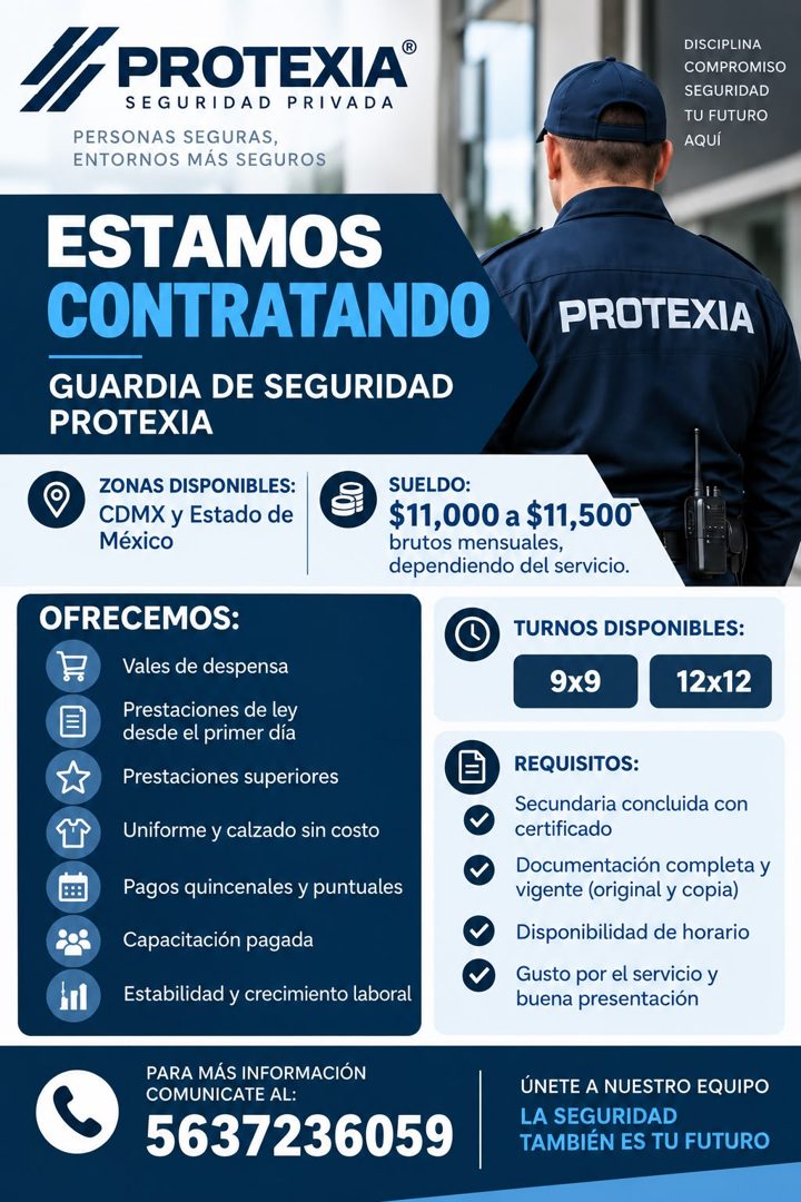 Banner del anuncio de la vacante: PROTEXIA® · SEGURIDAD PRIVADA · PERSONAS SEGURAS, · ENTORNOS MÁS SEGUROS · ESTAMOS · CONTRATANDO · GUARDIA DE SEGURIDAD · PROTEXIA · ZONAS D