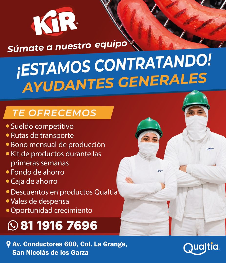 Banner del anuncio de la vacante: KIR · Súmate a nuestro equipo · ¡ESTAMOS CONTRATANDO! · AYUDANTES GENERALES · TE OFRECEMOS · • Sueldo competitivo · • Rutas de transporte · 