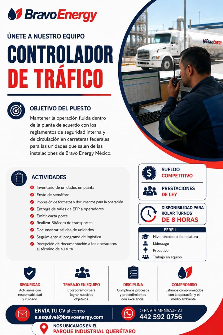 Banner del anuncio de la vacante: Bravo Energy · ÚNETE A NUESTRO EQUIPO · CONTROLADOR · DE TRÁFICO · BravoEnergy · OBJETIVO DEL PUESTO · Mantener la operación fluida dentro ·