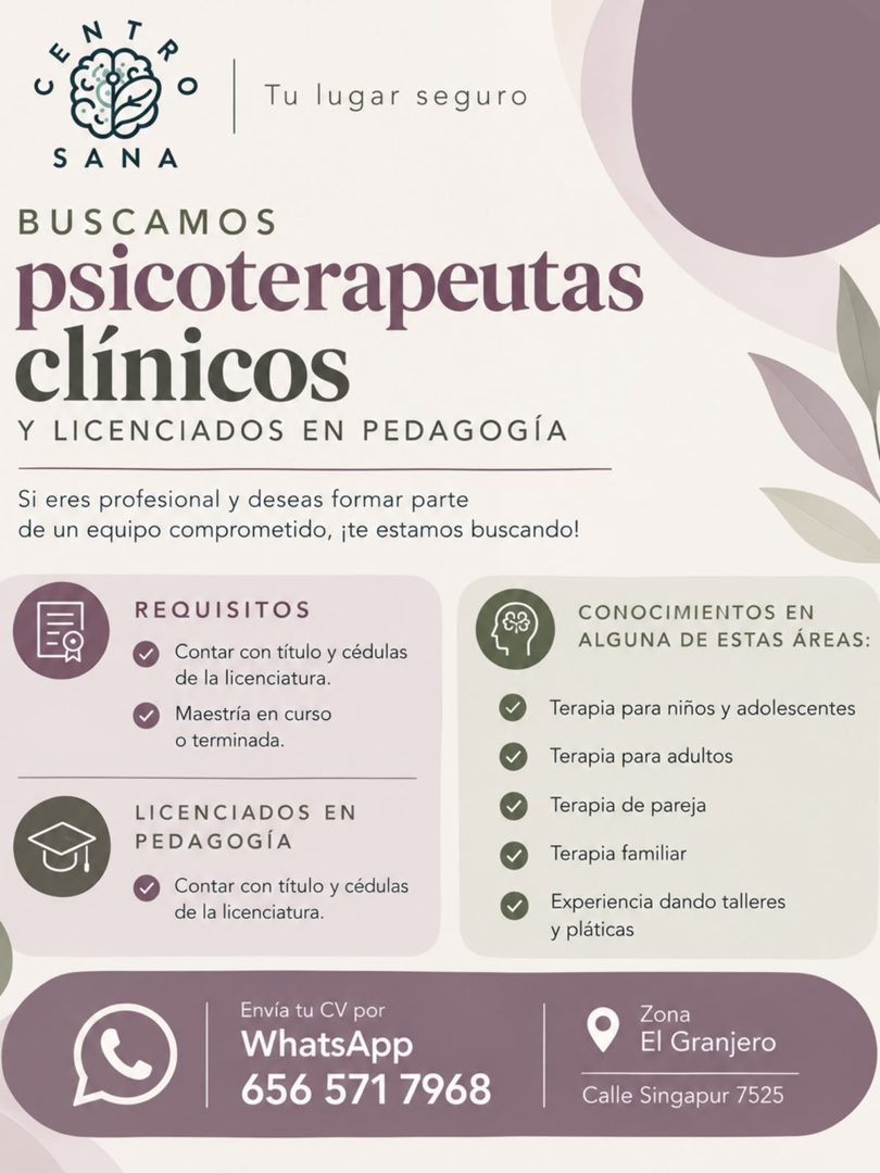 Banner del anuncio de la vacante: Tu lugar seguro · SANA · BUSCAMOS · psicoterapeutas · clínicos · Y LICENCIADOS EN PEDAGOGÍA · Si eres profesional y deseas formar parte · de