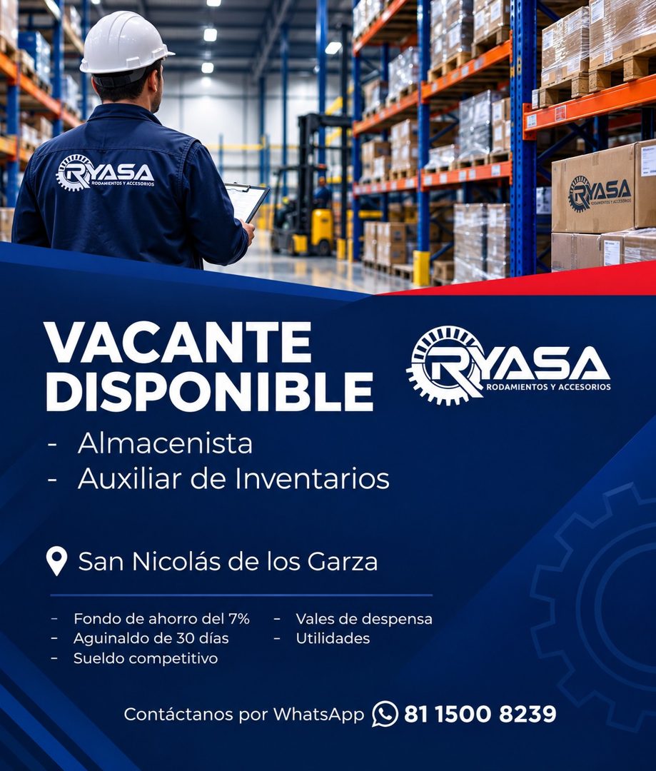 Banner del anuncio de la vacante: TASA · ROOAMIENTOS Y ACCESORIOS · PYASA · OCANDIDOS Y ACOLCHOS · VACANTE · DISPONIBLE · - Almacenista · - Auxiliar de Inventarios · PYASA · 