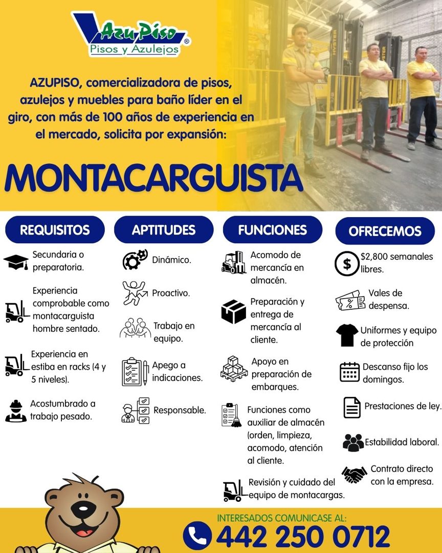 Banner del anuncio de la vacante: Aru Piso · Pisos y Azulejos · AZUPISO, comercializadora de pisos, · azulejos y muebles para baño líder en el · giro, con más de 100 años de 
