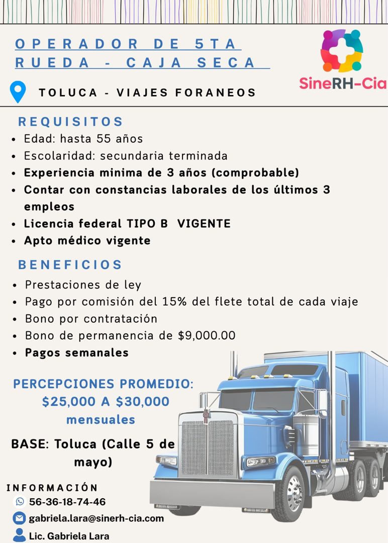 Banner del anuncio de la vacante: OPERADOR DE 5TA · RUEDA - CAJA SECA · • TOLUCA - VIAJES FORANEOS · SineRH-Cia · REQUISITOS · • Edad: hasta 55 años · • Escolaridad: secundar