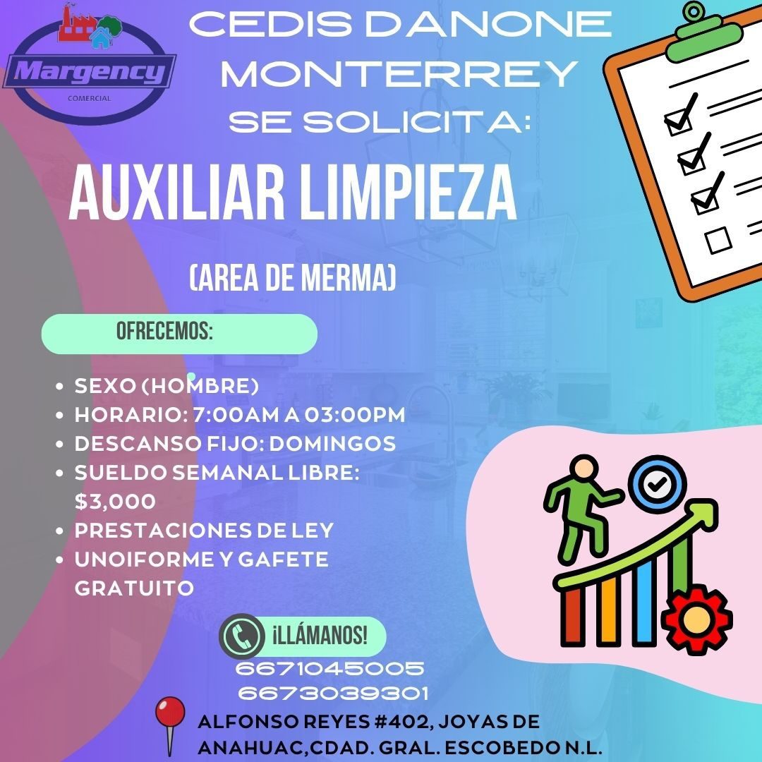Banner del anuncio de la vacante: Margencu · COMERCIAL · CEDIS DANONE · MONTERREY · SE SOLICITA: · AUXILIAR LIMPIEZA · CAREA DE MERMA) · OFRECEMOS: · • SEXO (HOMBRE) · • HORA