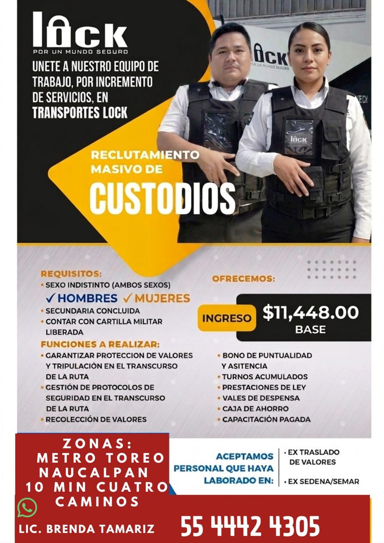 Banner del anuncio de la vacante: lAck · POR UN MUNDO SEGURO · UNETE A NUESTRO EQUIPO DE · TRABAJO, POR INCREMENTO · DE SERVICIOS, EN · TRANSPORTES LOCK · SA UA MUNBO SEGURO 