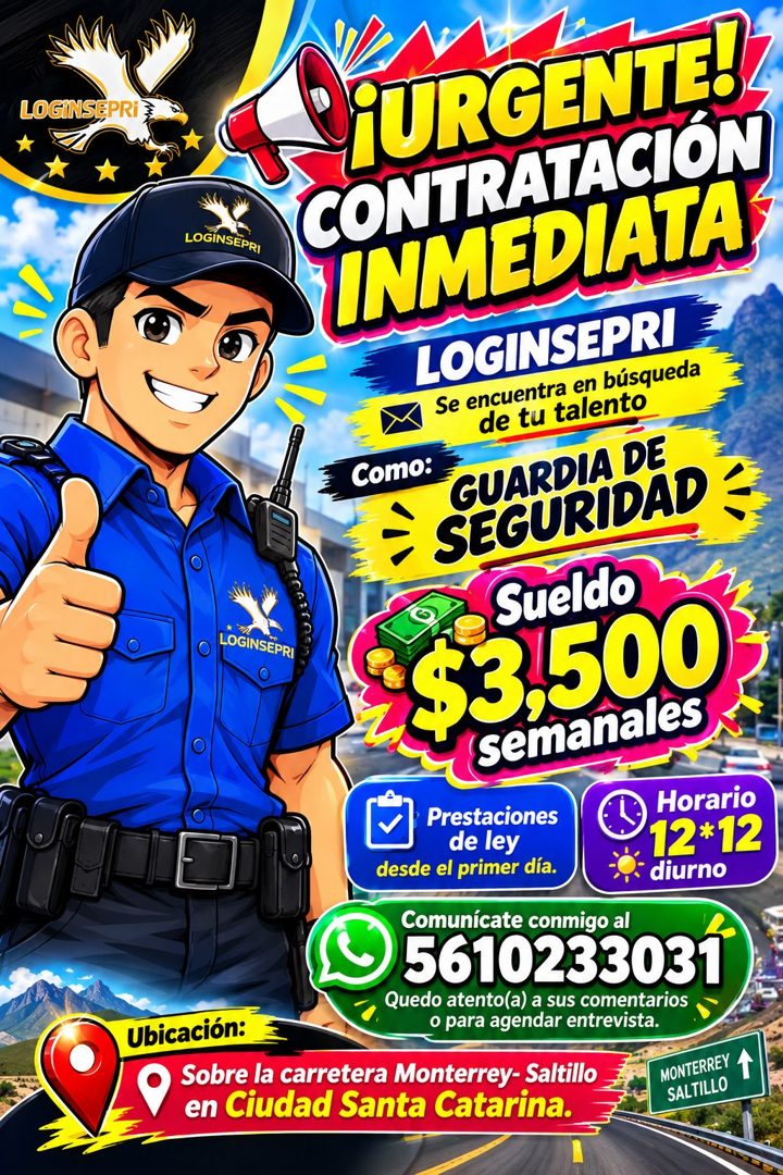 Banner del anuncio de la vacante: LOGINSEPRi · 'URGENTE · LOGINSEPRI · CONTRATACIÓN · INMEDIATA · LOGINSEPRI · Se encuentra en búsqueda · de tu talento · Como: · GUARDIA DE ·