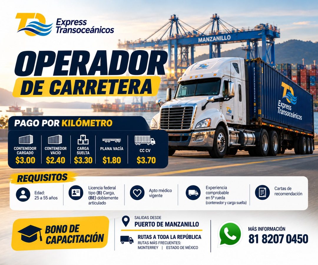 Banner del anuncio de la vacante: Express · Transoceánicos · MANZANILLO · OPERADOR · DE CARRETERA · Express · Transoceánicos · PAGO POR KILÓMETRO · CARGA · SUELTA · $3.30 · -