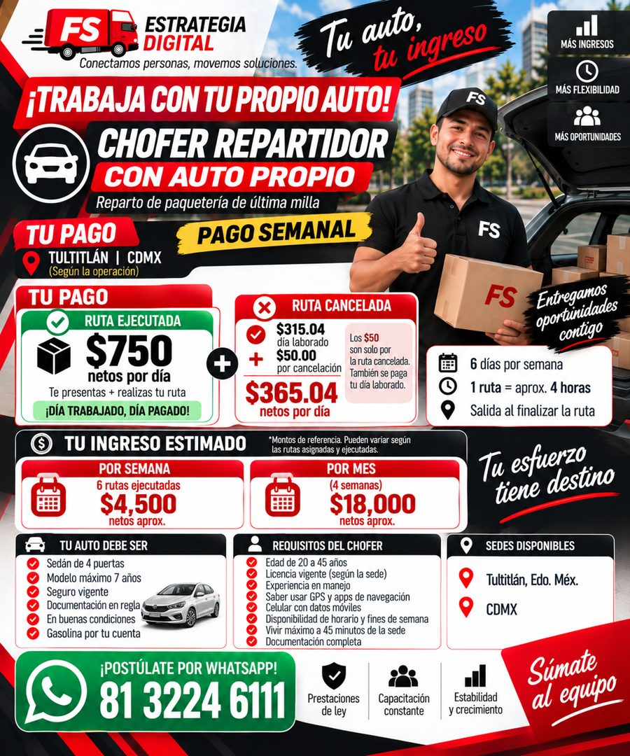 Banner del anuncio de la vacante: FS · ESTRATEGIA · DIGITAL · Tu auto, · Conectamos personas, movemos soluciones. · tu ingreso · ¡TRABAJA CON TU PROPIO AUTO! · FS · CHOFER RE