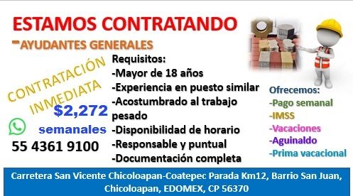 Banner del anuncio de la vacante: ESTAMOS CONTRATANDO · AYUDANTES GENERALES · CONTRATACIÓN · Requisitos: · -Mayor de 18 años · INMEDIATA · -Experiencia en puesto similar · -A