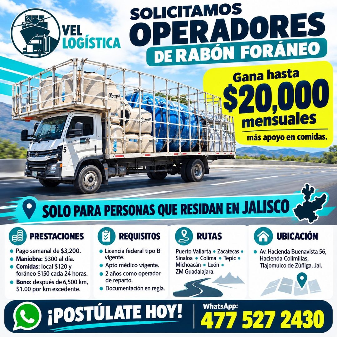 Banner del anuncio de la vacante: VEL · LOGÍSTICA · Rotoplas. · SOLICITAMOS · OPERADORES · DE RABÓN FORÁNEO · Gana hasta · E-tnolas · $20,000 · mensuales · más apoyo en comid