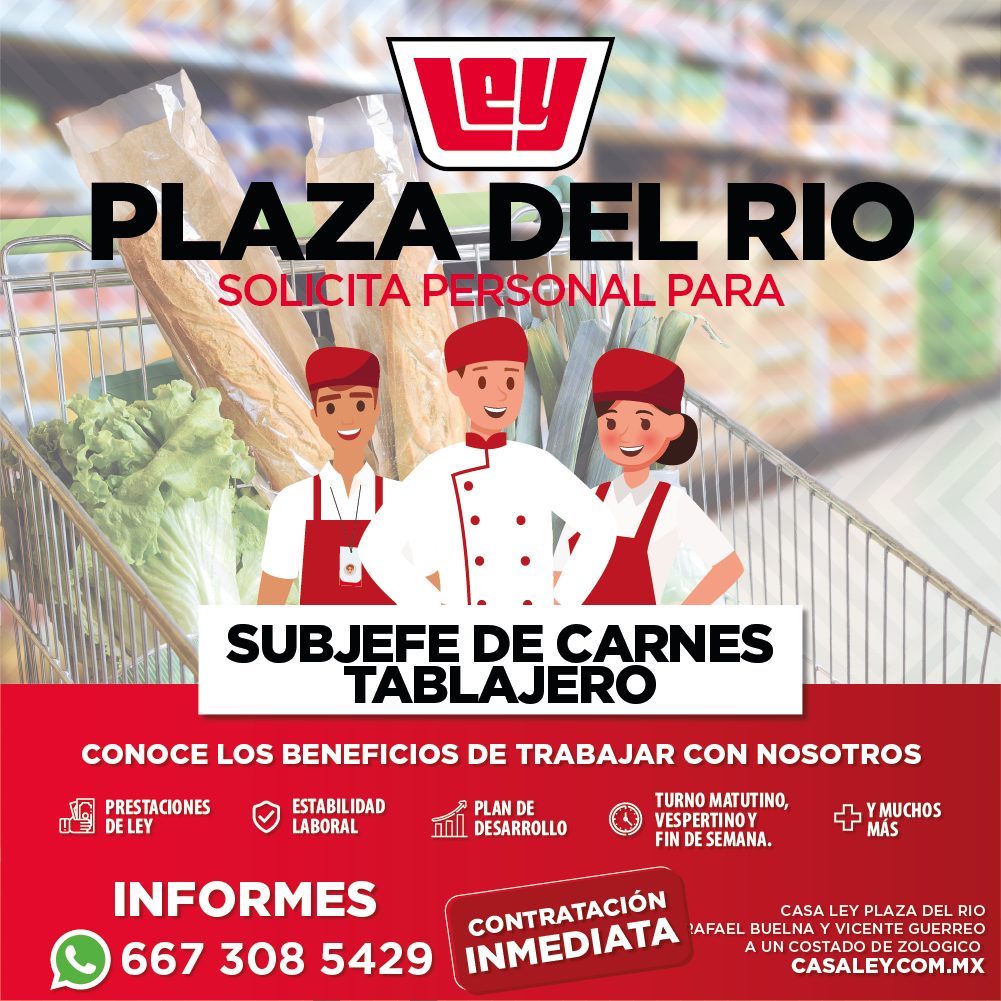 Banner del anuncio de la vacante: LEy · PLAZA DEL RIO · SOLICITA PERSONAL PARA · SUBJEFE DE CARNES · TABLAJERO · CONOCE LOS BENEFICIOS DE TRABAJAR CON NOSOTROS · PRESTACIONES
